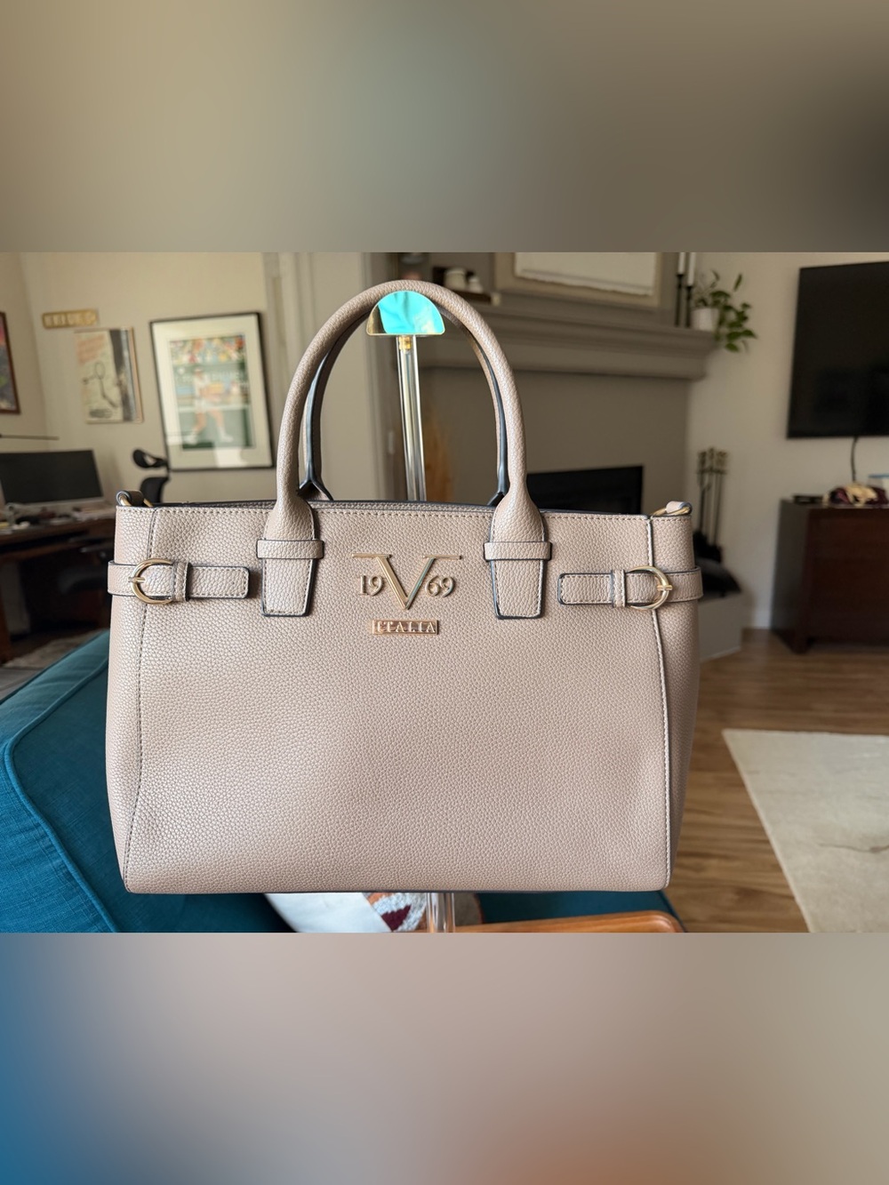 Versace 19v69 Italia Taupe Pebbled Satchel Tote Zip Detachable Strap Gold NWT